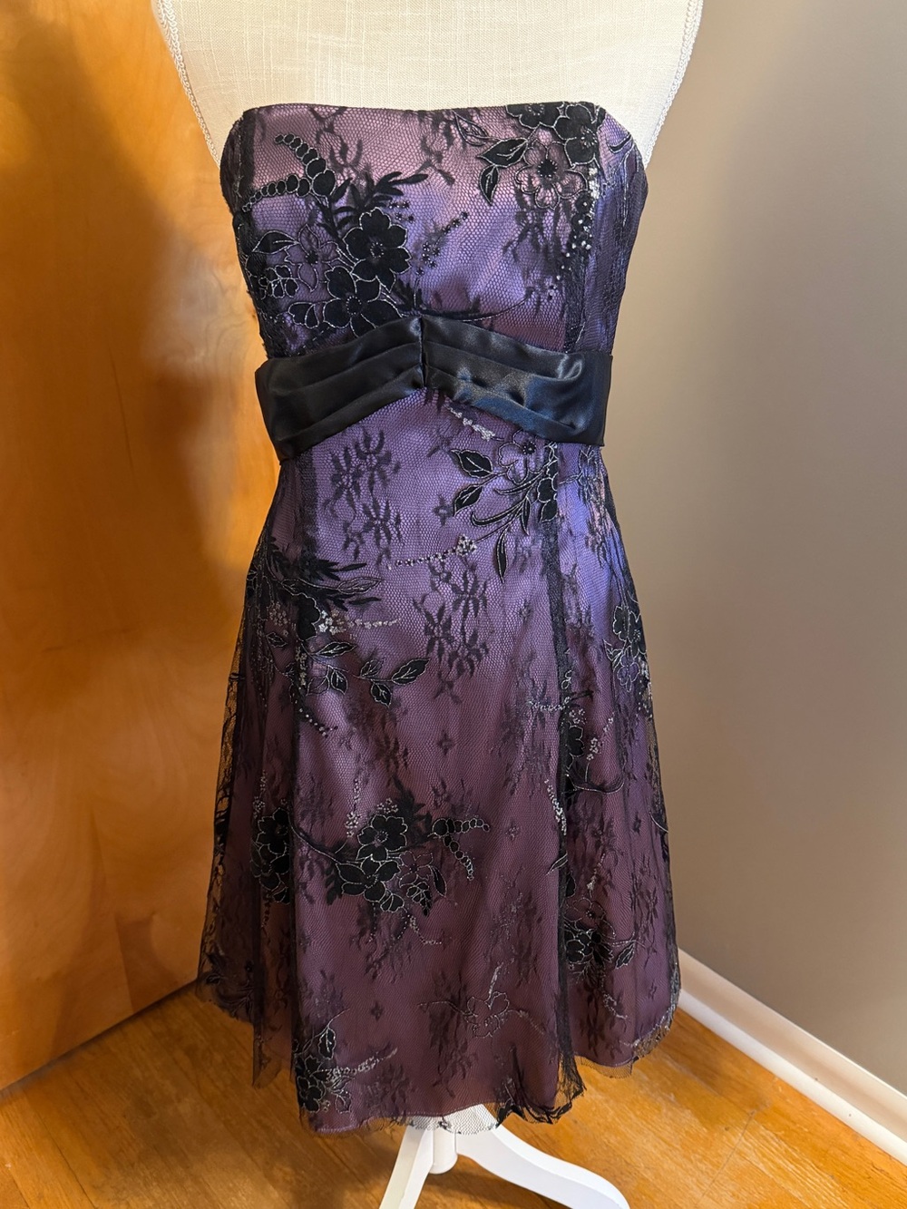 Strapless Purple Lace Cocktail Dress with Black Accents